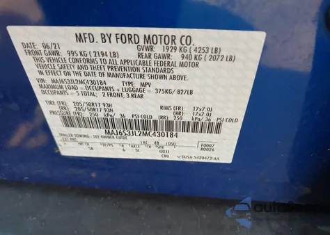 2021 Ford Ecosport Ses z USA, uszkodzony, nr VIN MAJ6S3JL2MC430184